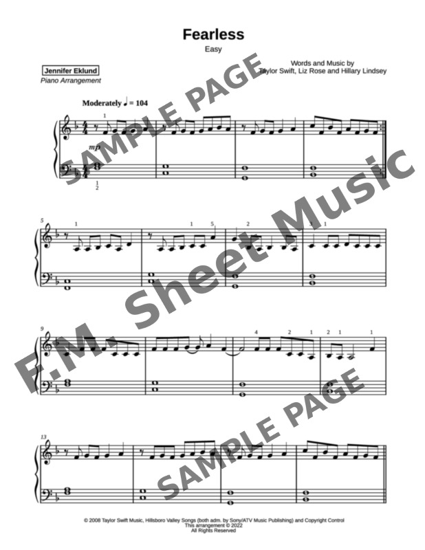 Fearless (Easy Piano) By Taylor Swift F.M. Sheet Music Pop